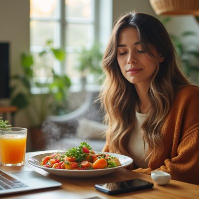 téléphone, télévision, travail : découvrez pourquoi manger sans distraction favorise le plaisir, la pleine conscience et une meilleure écoute de ses sensations.